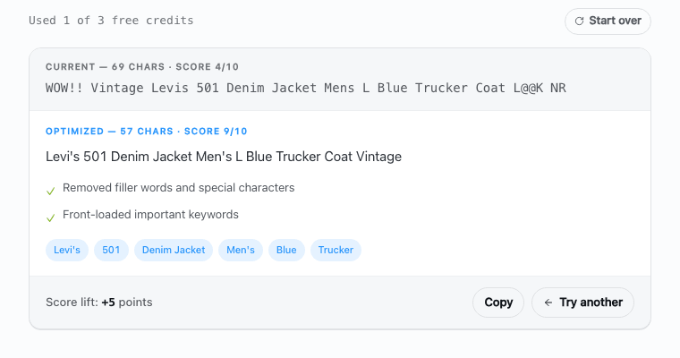 Illustrative title-review screen showing an internal title score, not sales results