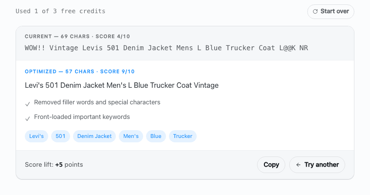 ListTune title draft with original and revised title checks